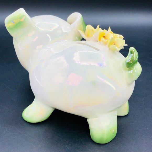 Vintage NORCREST Iridescent Piggy Coin Bank, Green Lusterware, 3D Yellow Flowers - Picture 2 of 12